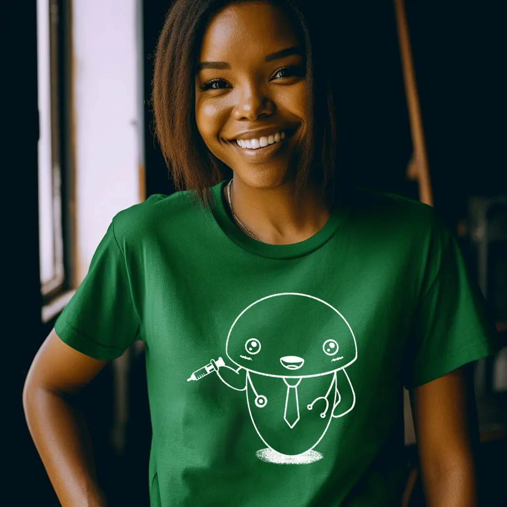 Black girl wearing a green Kelly doctor-themed t-shirt