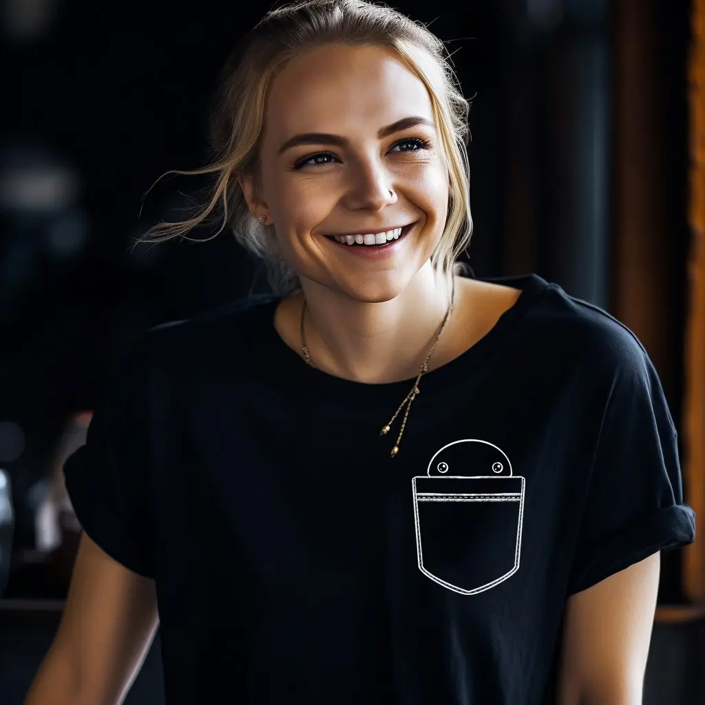 Blonde person wearing a black pocket tee