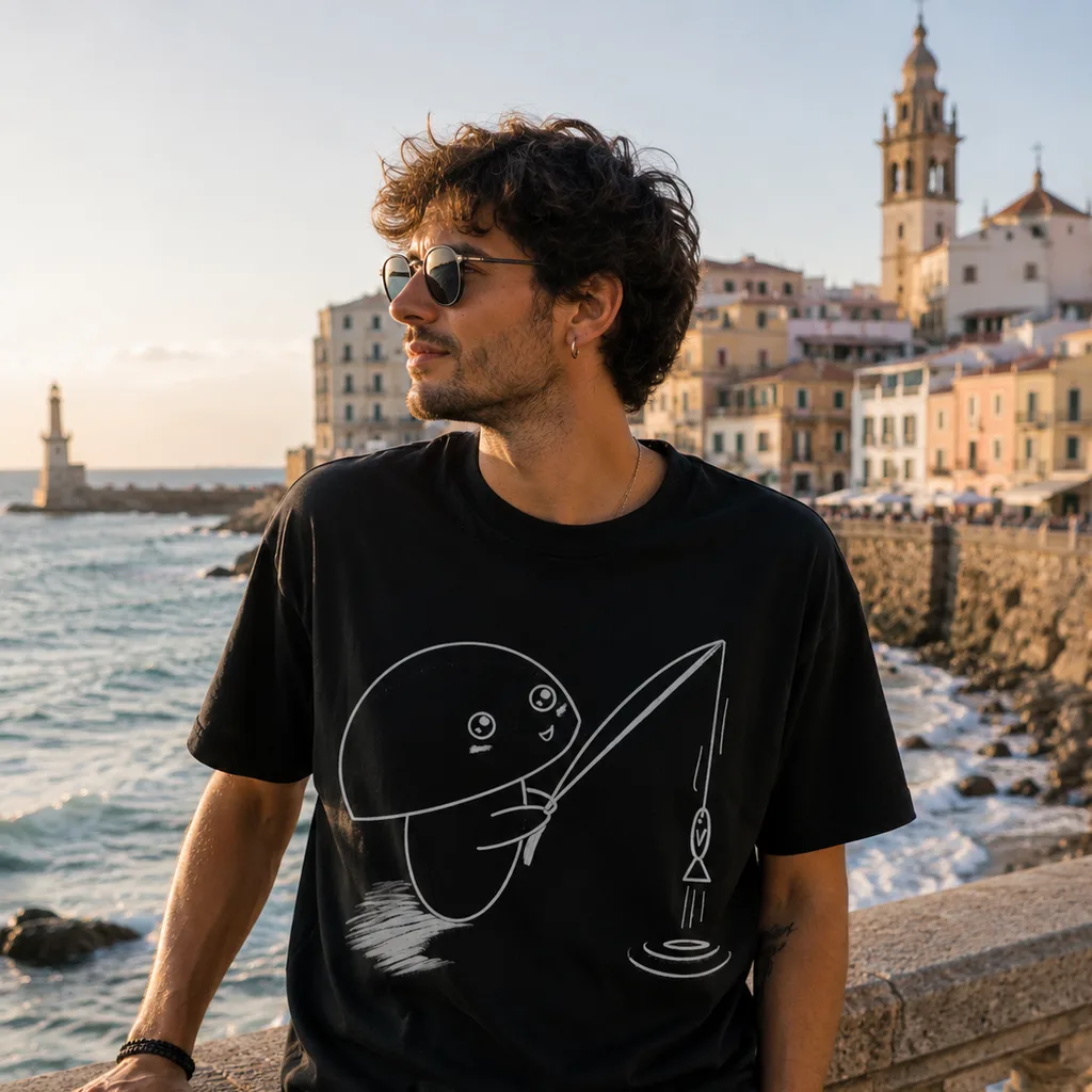 同じデザインを着た男性、イタリアの海辺の街を背景に