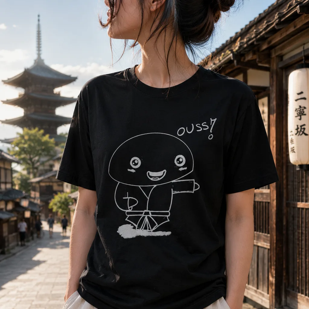 同じデザインを着た女性、京都の街並みを背景に