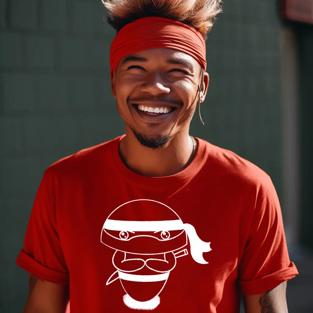 白い忍者のうちきちゃんがプリントされた赤いTシャツを着た男性