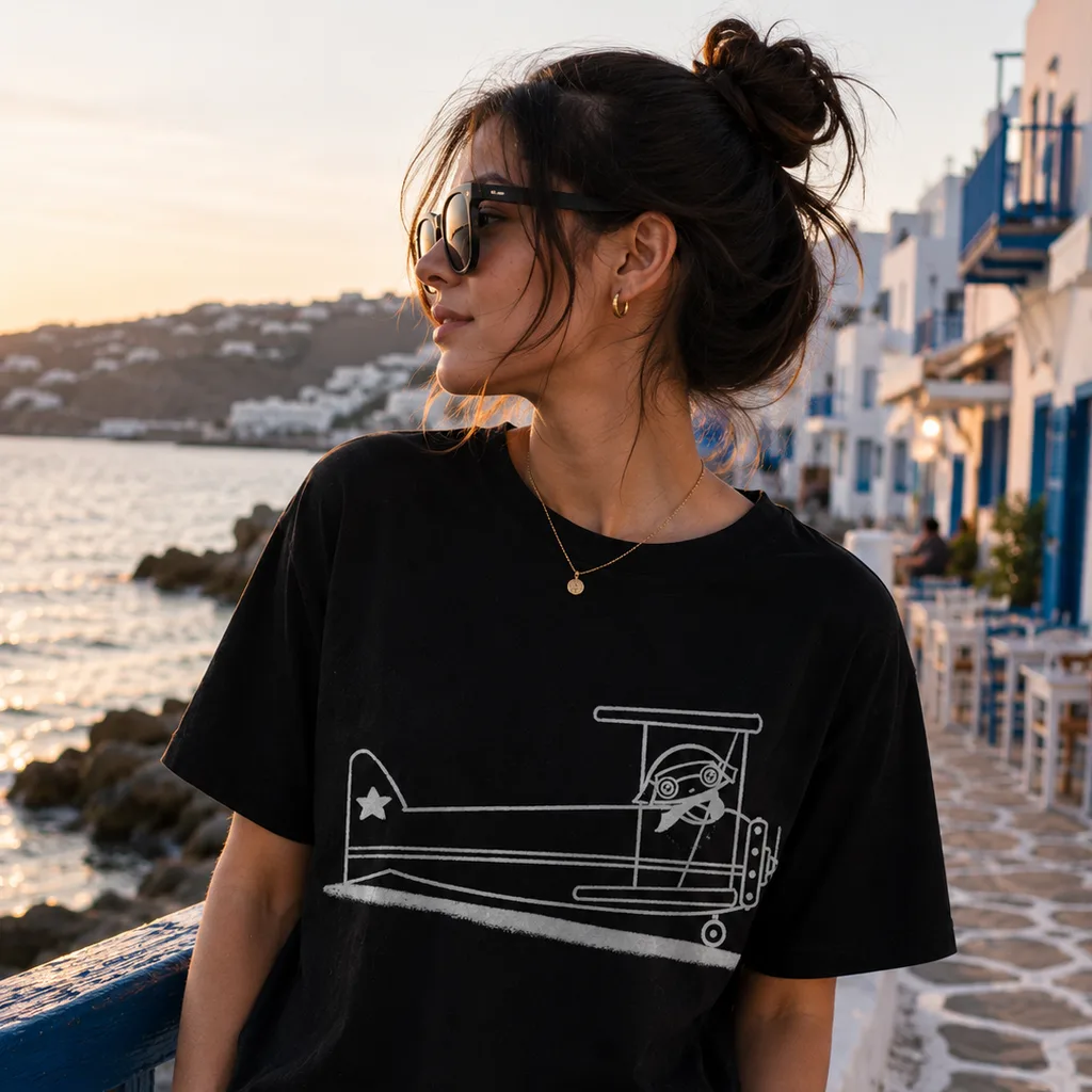 飛行機に乗ったうちきちゃんがプリントされた黒いTシャツを着た女性、ミコノス島を背景に