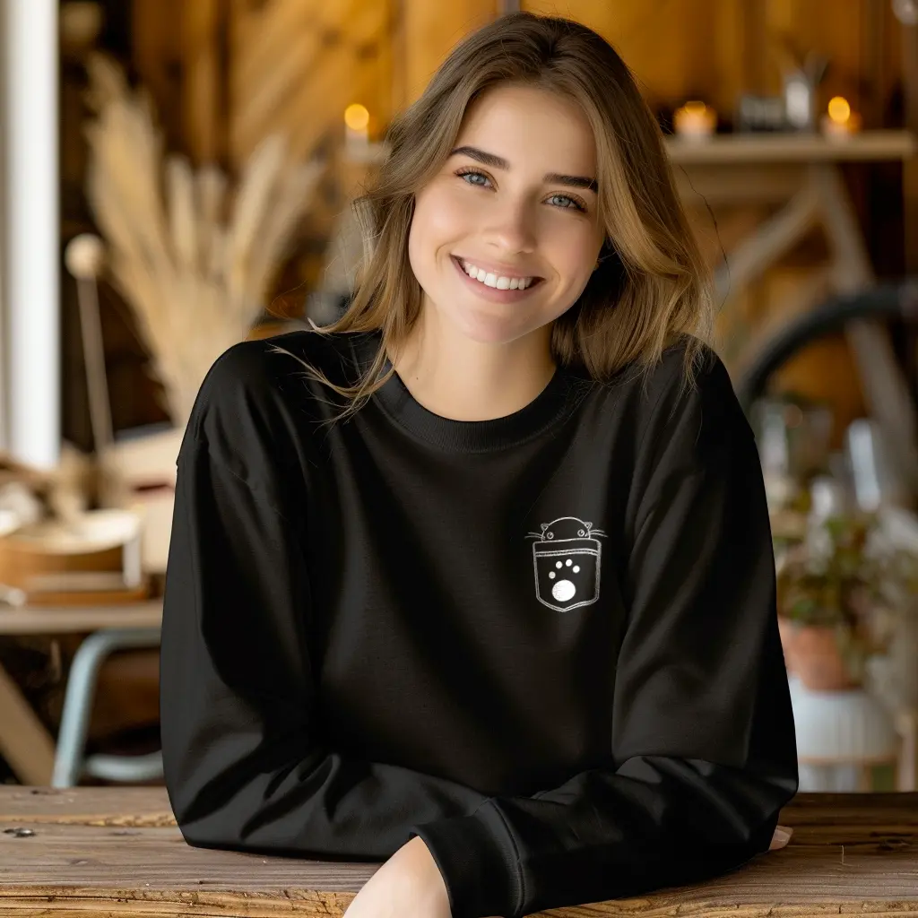 胸ポケットからねこの耳がのぞく黒いロングスリーブTシャツを着た女性
