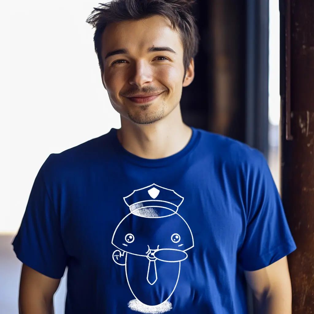 おまわりさんのうちきちゃんがプリントされた青いTシャツを着た男性