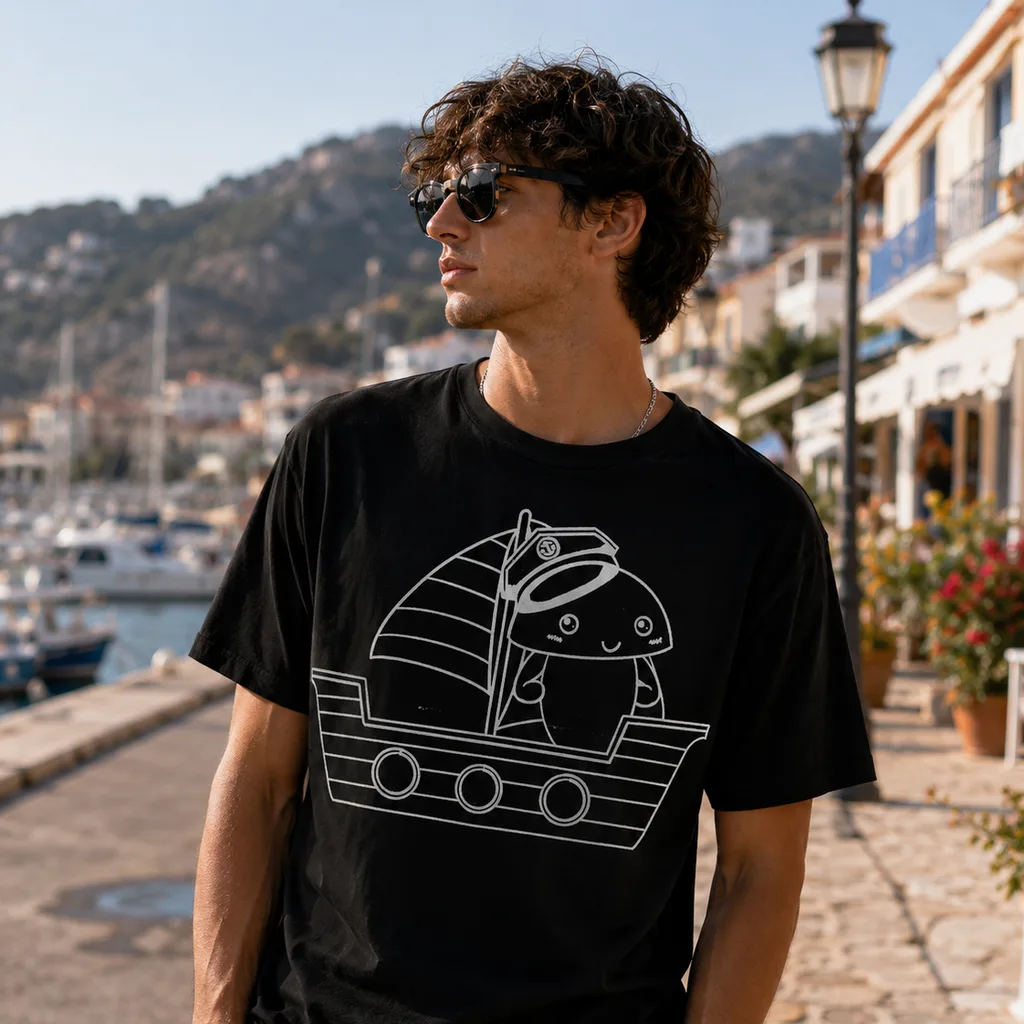 船に乗ったうちきちゃんがプリントされた黒いTシャツを着た男性、港町を背景に