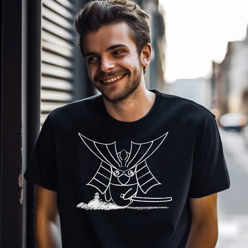 さむらいのうちきちゃんがプリントされた黒いTシャツを着た男性