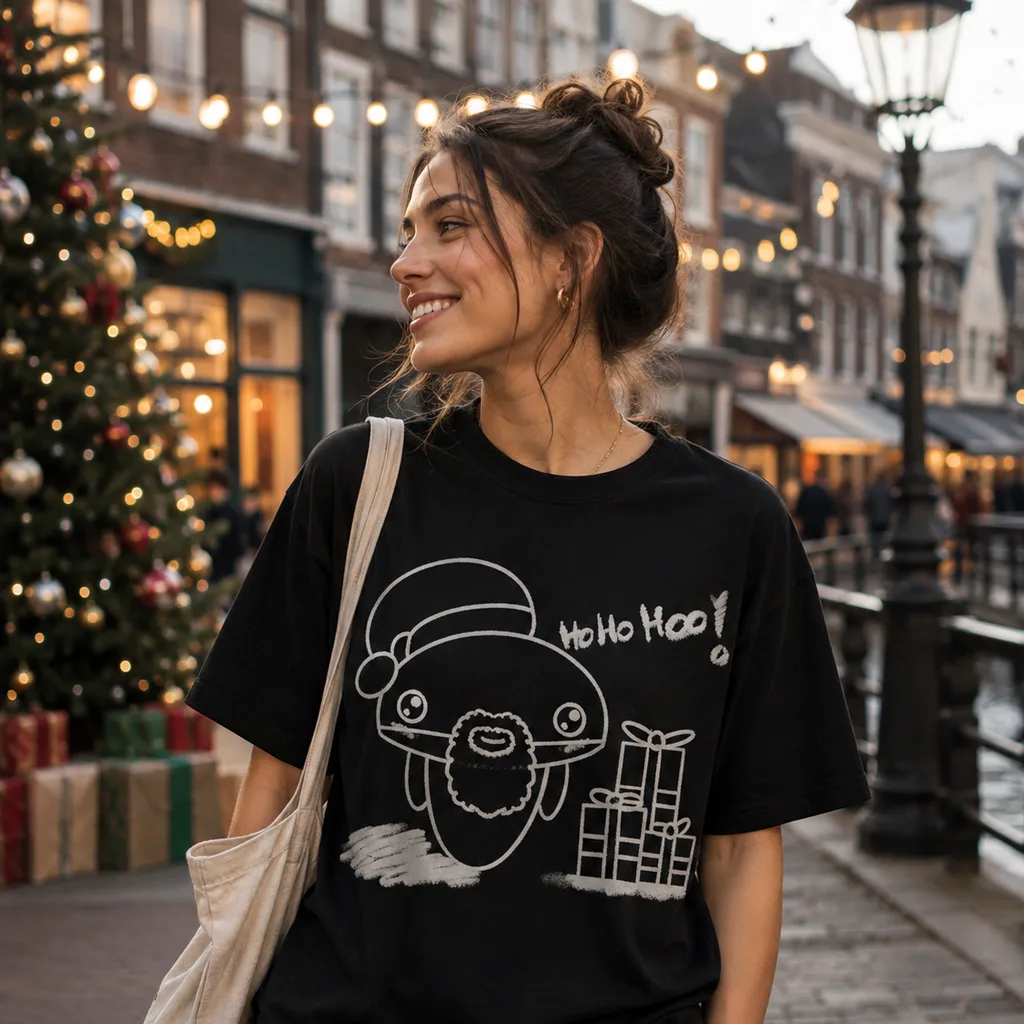 サンタのうちきちゃんがプリントされた黒いTシャツを着た女性、クリスマスの街並みを背景に