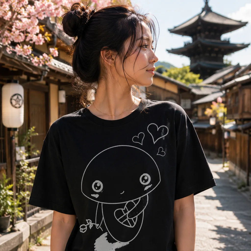 バレンタインモードのうちきちゃんがプリントされた黒いTシャツを着た女性、京都の桜並木で