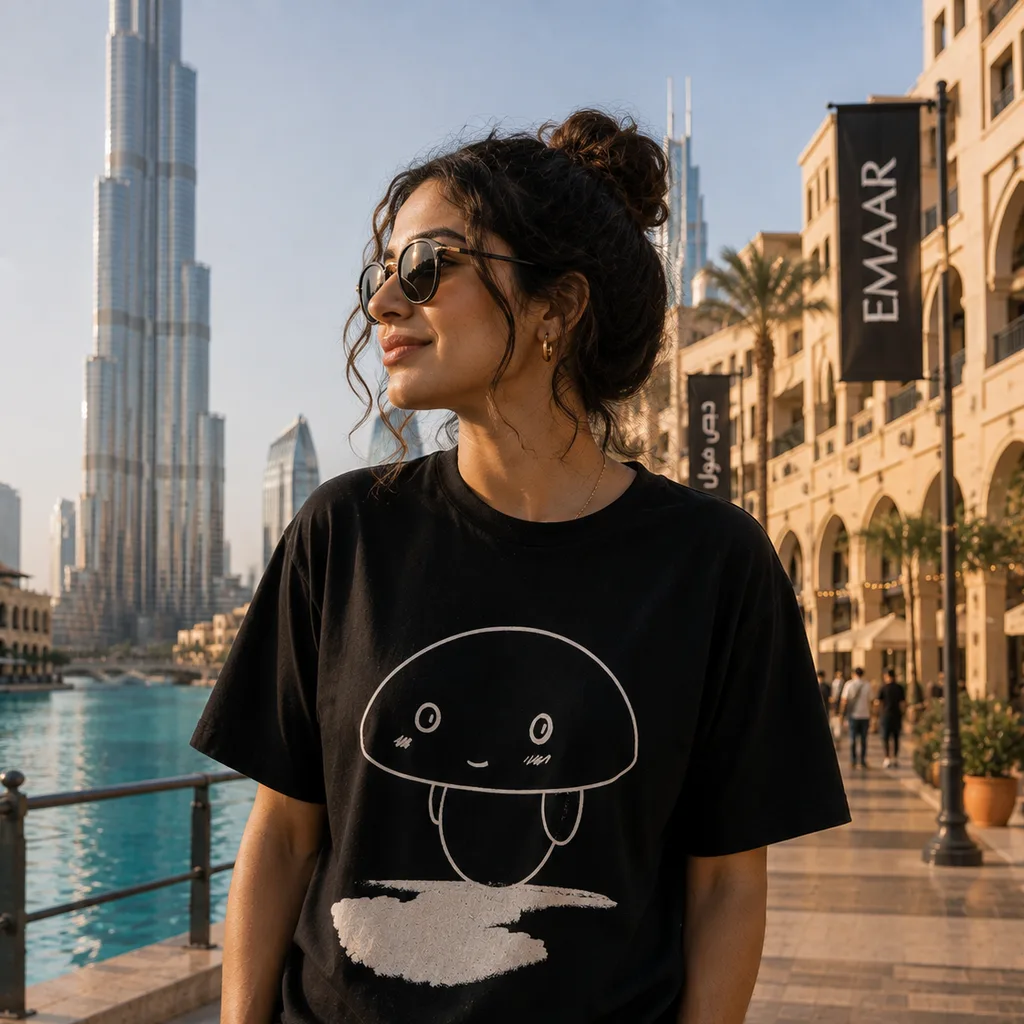 とっても可愛いうちきちゃんがプリントされた黒いTシャツを着た女性、ドバイの街並みを背景に